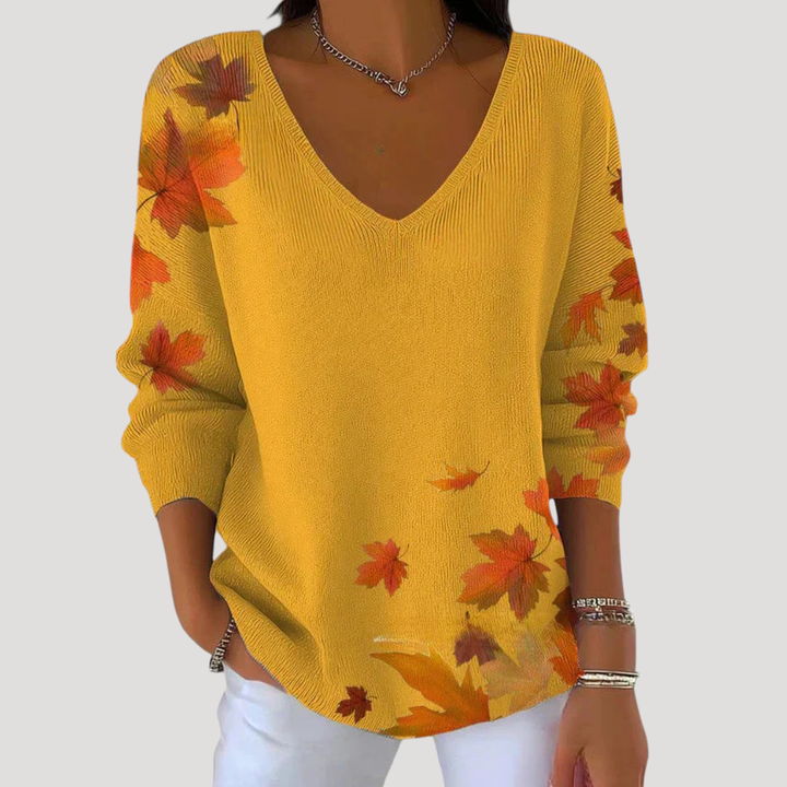 Women's Fine Knit Sweater with Leaf Pattern for Autumn