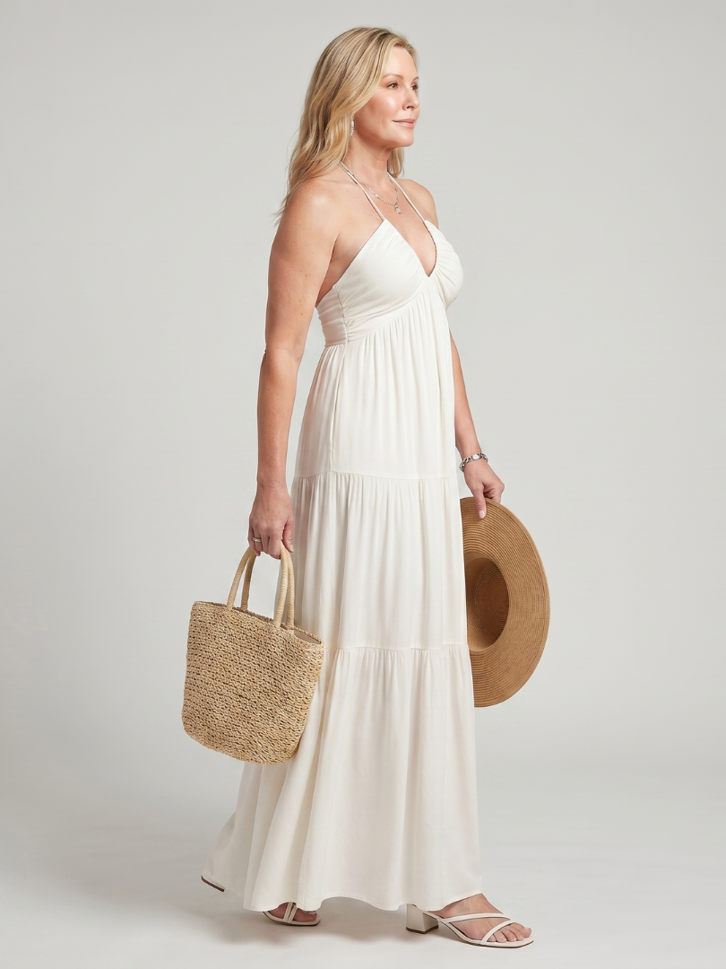 Dextra Halter Neck Tiered Skirt Midi Dress - Elena Harper