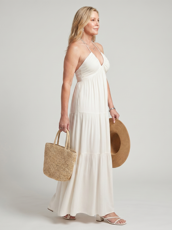 Dextra Halter Neck Tiered Skirt Midi Dress - Elena Harper