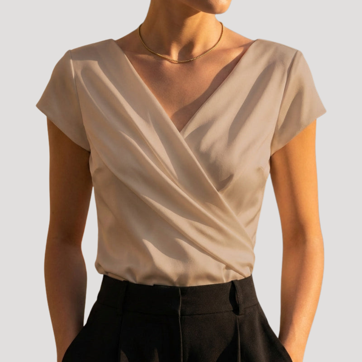 Fluid and Elegant Blouse with Draped V-Neck and Short Sleeves