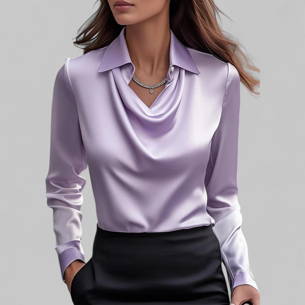 Rose Women’s Draped Neck Long Sleeve Satin Blouses - Elena Harper