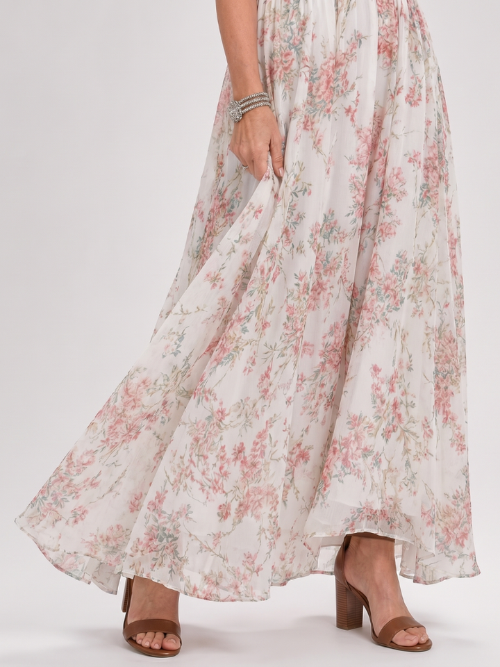 Guinevere Floral Print Flowing Skirt Midi Dress, view 4 - Elena Harper