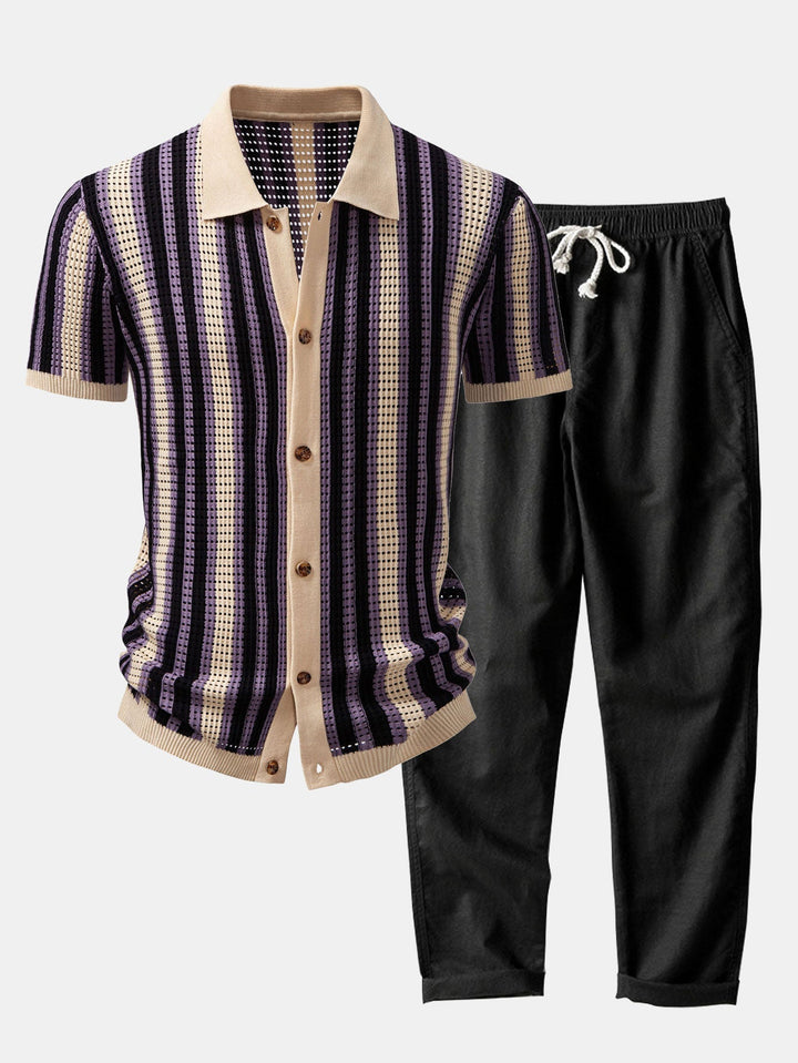 STRIPED SHIRT WITH CROCHET EYELETS & STRAIGHT LEG LINEN PANTS