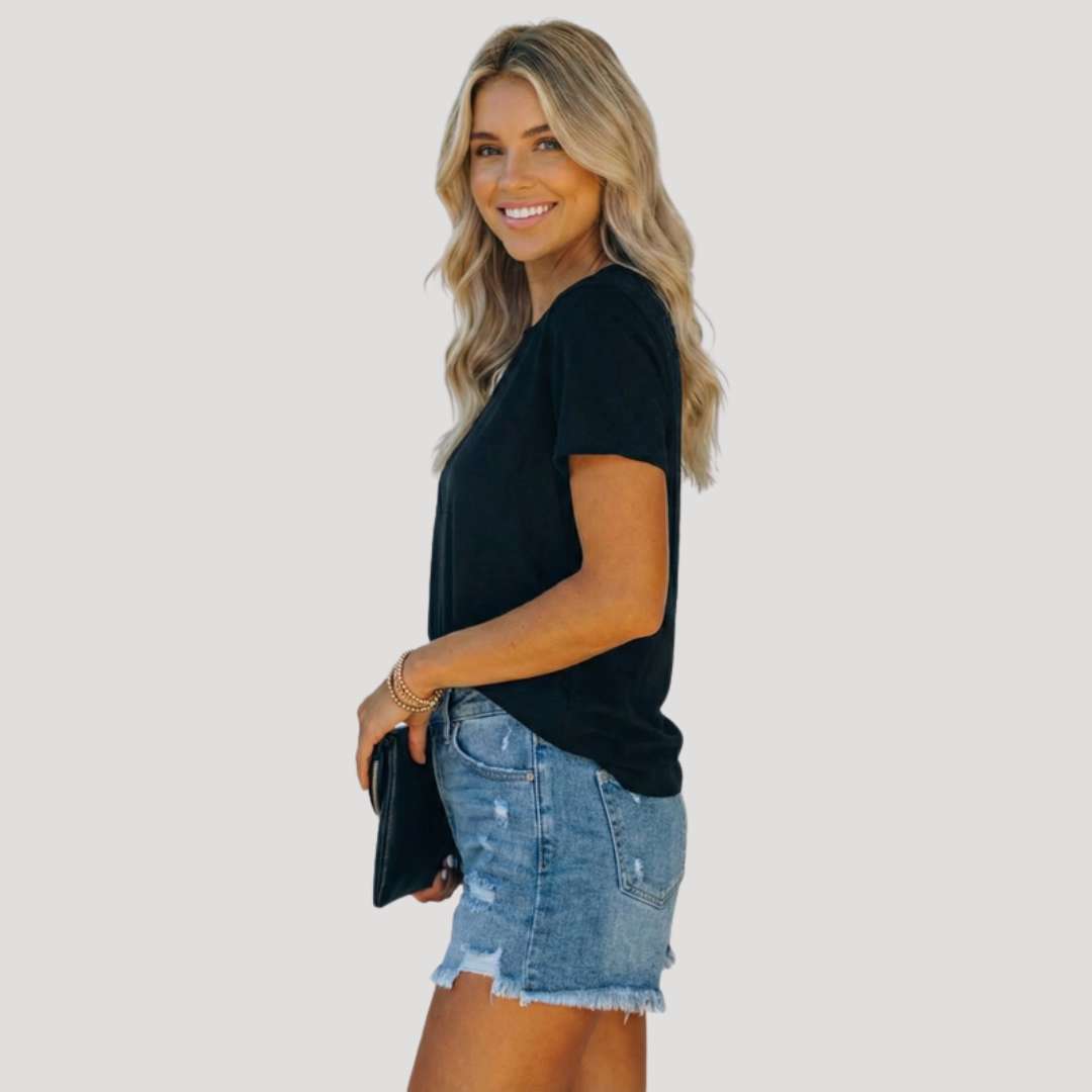High-Waisted Ripped Denim Shorts for Women, view 3 - Elena Harper
