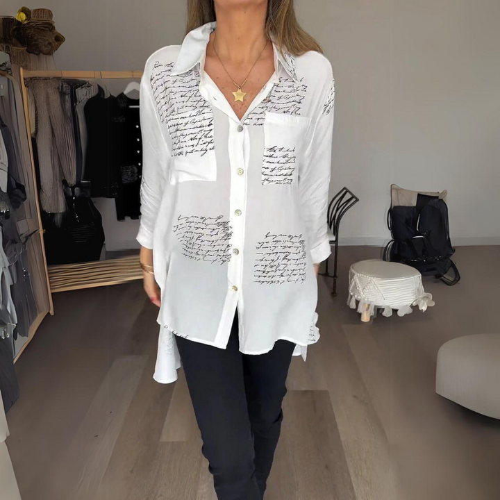 Skylar Handwritten Button-Up Shirt, view 5 - Elena Harper