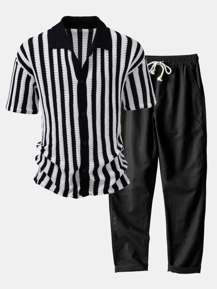 Gradient Shoulder Striped Shirt & Straight Leg Linen Pants - Elena Harper