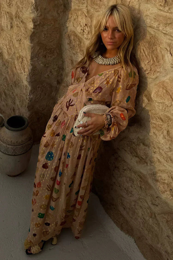 Alessandra - Dress with Marine Print and Golden Details