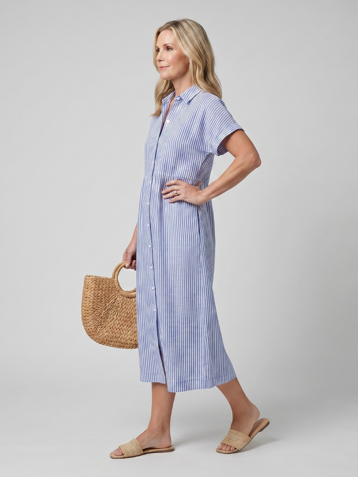 Women's Striped Short Sleeve Button-Front Midi Dress
