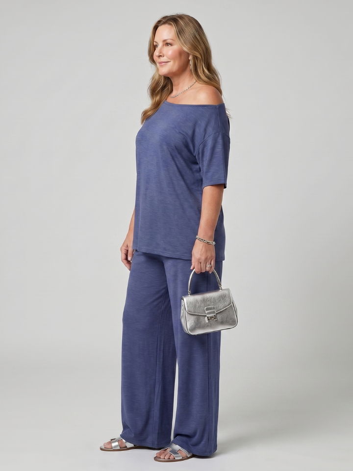 Elarim Short Sleeve Off Shoulder Top And Wide Leg Pants Set - Elena Harper