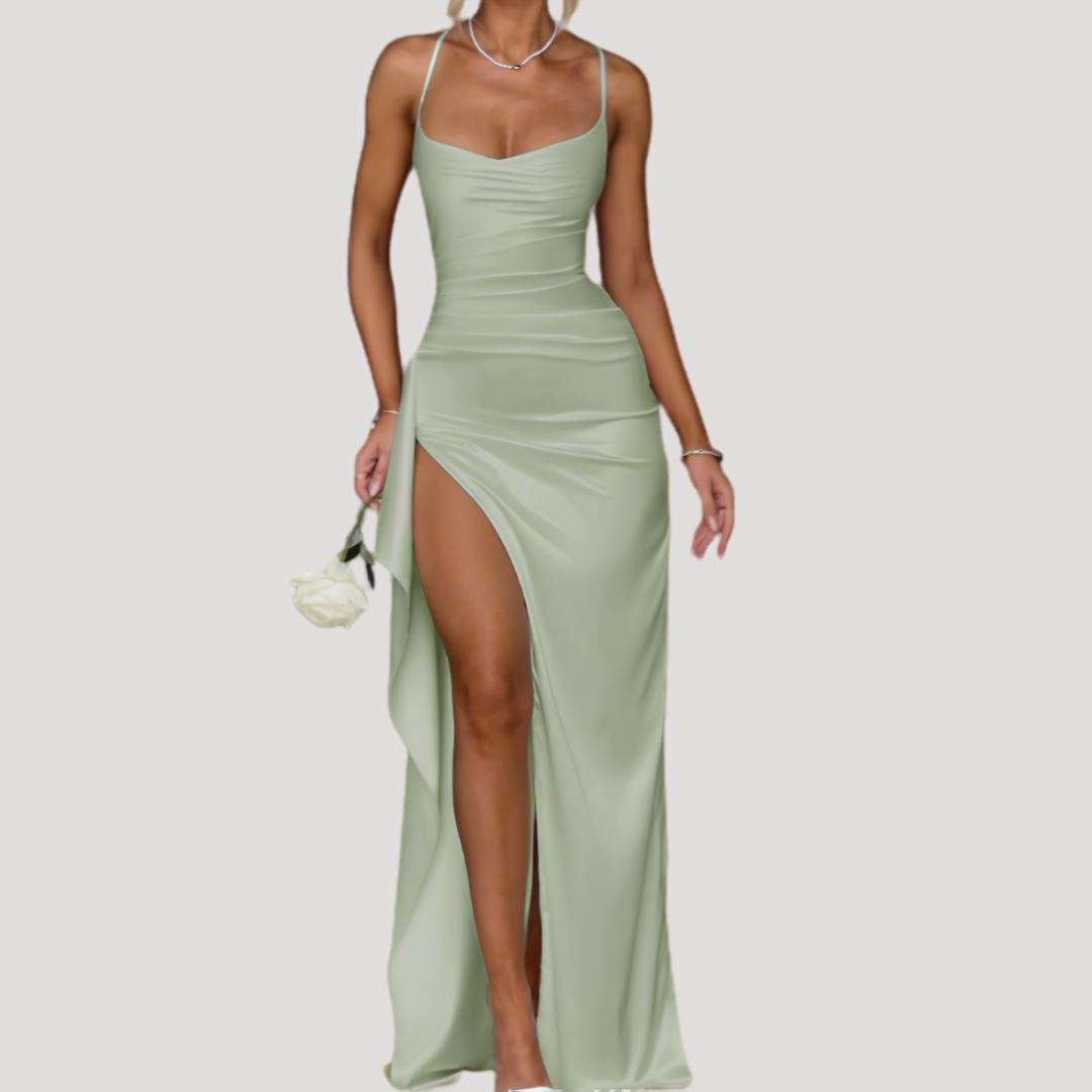 Long Satin Dress for Women with Draped Neckline and High Slit