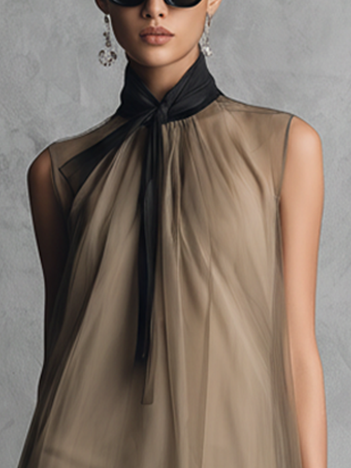 Beatrice Lightweight Luxury Two-Tone Khaki and Brown Chiffon Sleeveless Dress, view 3 - Elena Harper
