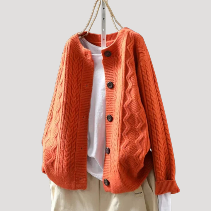 Women's Twisted Knit Cardigan with Round Neck