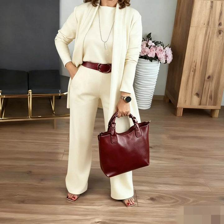 Dorren Elegant 3-Piece Set With Long Cardigan, Top & Pant - Elena Harper