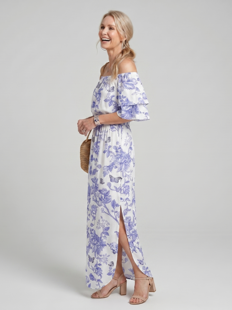 Elowira Off Shoulder Soft Floral Print Midi Dress - Elena Harper