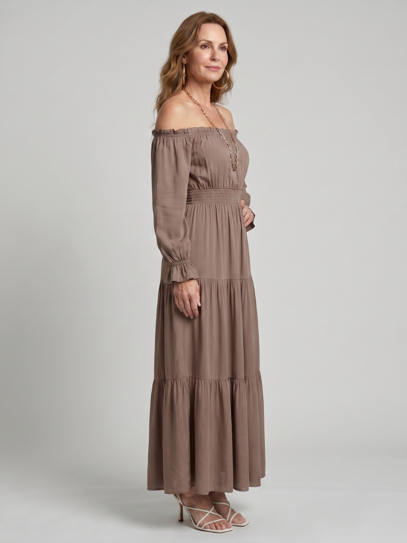 Anora Off Shoulder Side Slit Midi Dress - Elena Harper