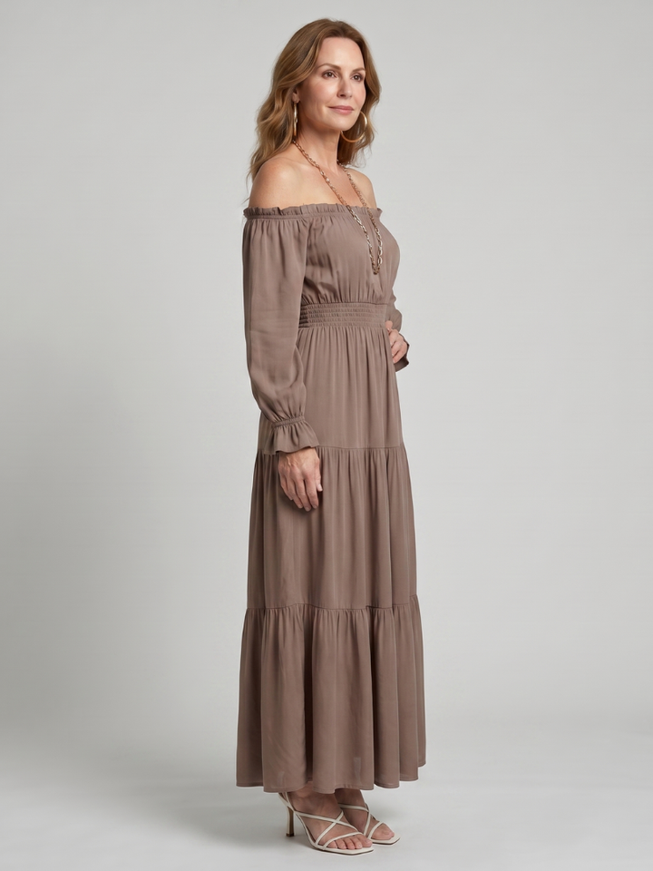 Anora Off Shoulder Side Slit Midi Dress - Elena Harper