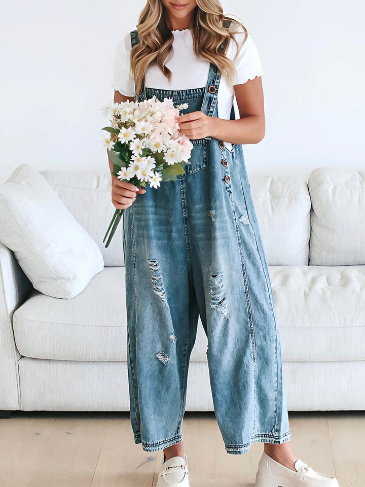ELESSA – LOOSE FIT DENIM DUNGAREES IN DISTRESSED LOOK