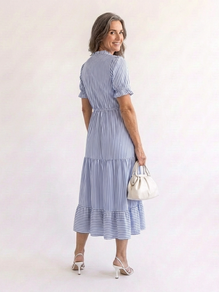 Dakota Short Sleeve Striped Tiered Midi Dress - Elena Harper