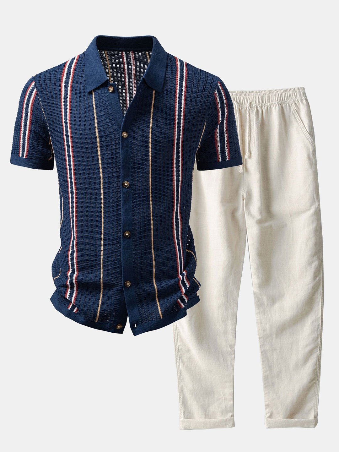 CROCHET STRIPED SHIRT WITH BUTTONS & STRAIGHT LEG LINEN PANTS