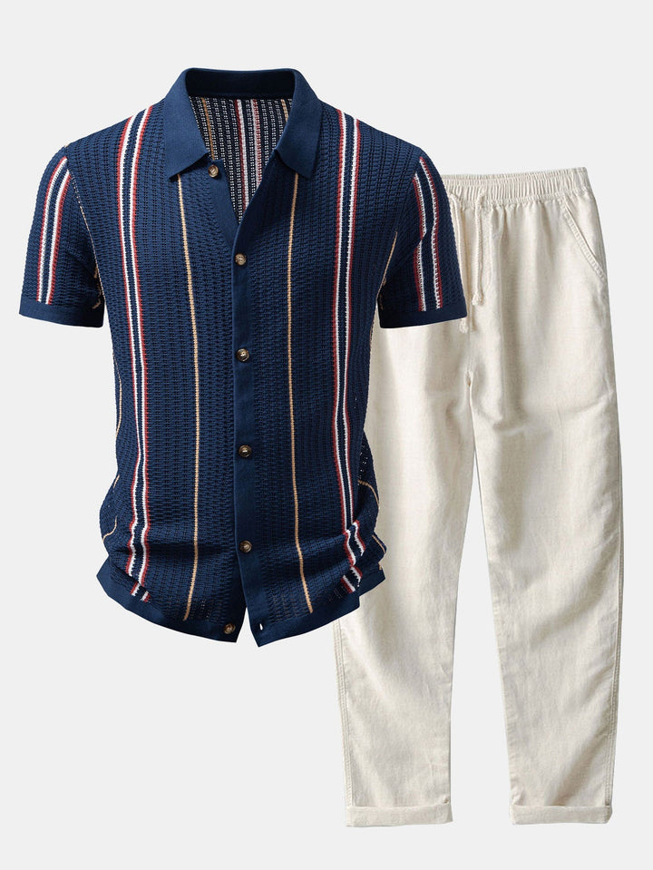 CROCHET STRIPED SHIRT WITH BUTTONS & STRAIGHT LEG LINEN PANTS