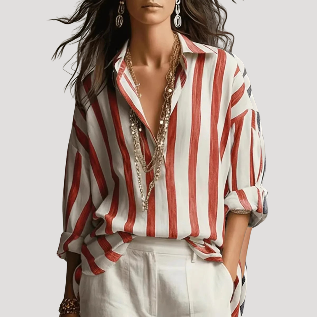 Women’s Bohemian Striped Blouse with Roll-up Sleeves