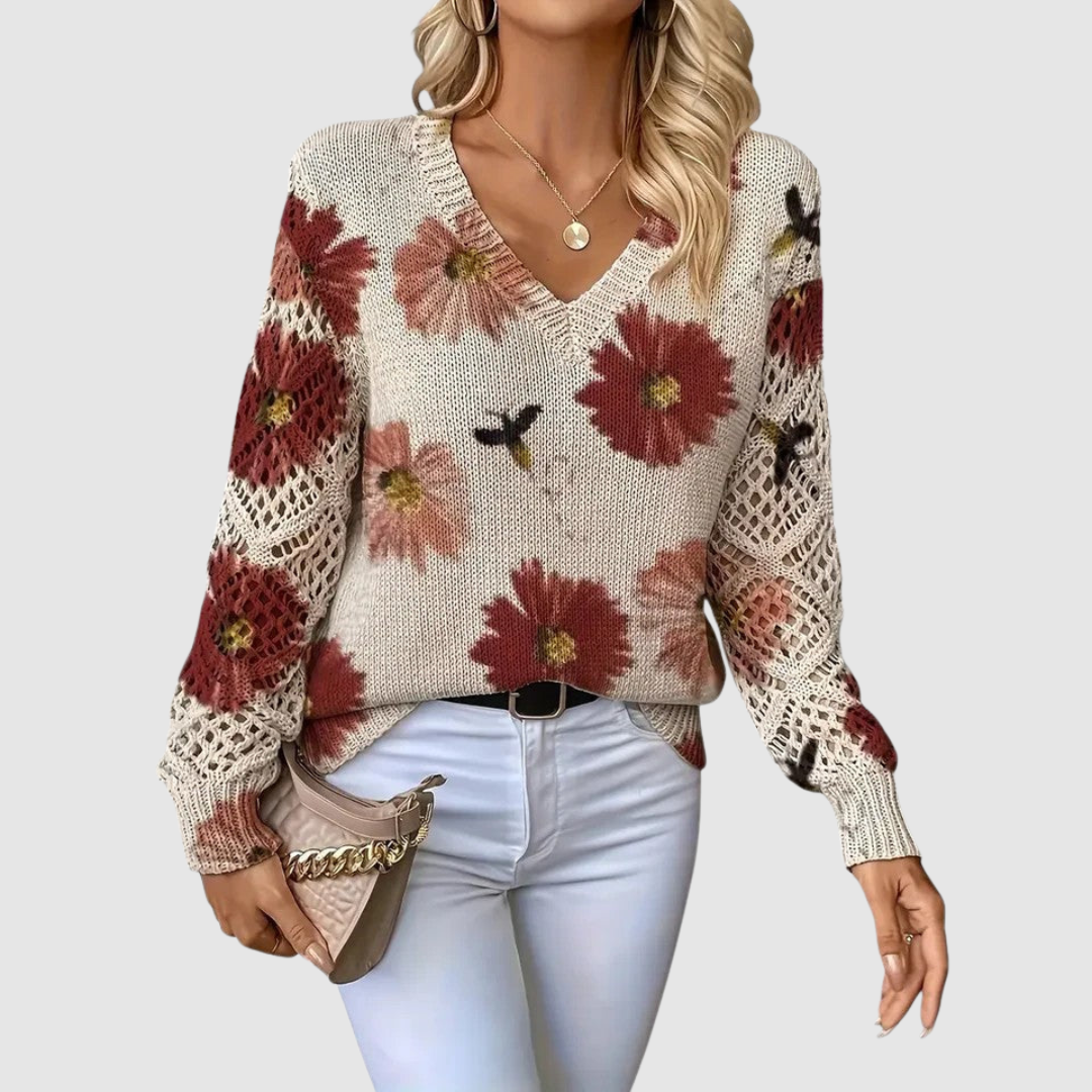Meda Elegant Sweater with Floral Pattern, view 3 - Elena Harper