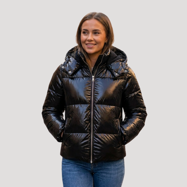 Women's Hooded Puffer Jacket with Shiny Finish