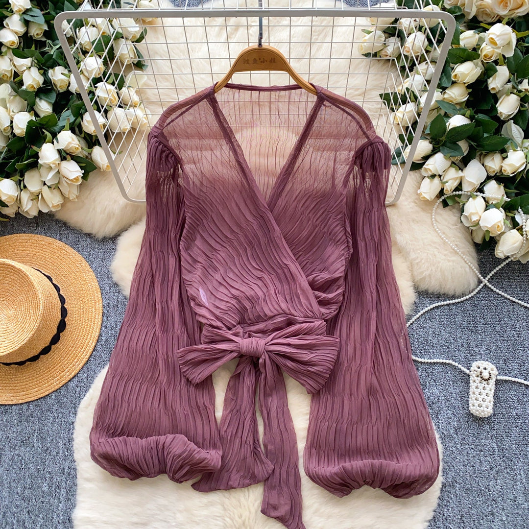 Bylle - V-neck Blouse with Bow and Ruffles