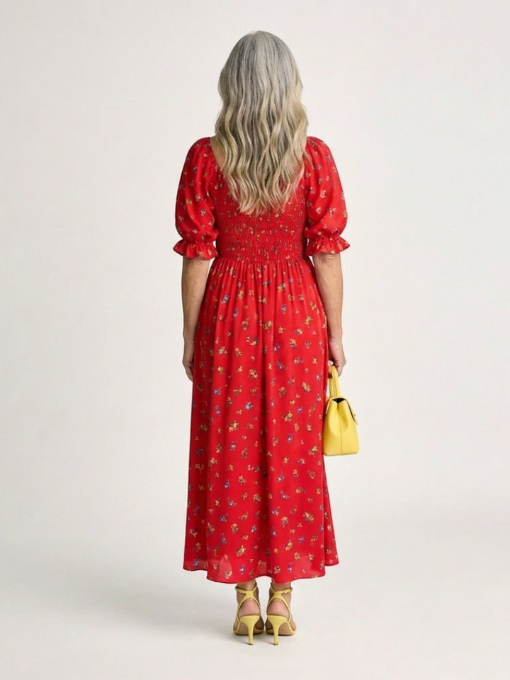 Delphine Square Neck Floral Puff Sleeve Midi Dress - Elena Harper