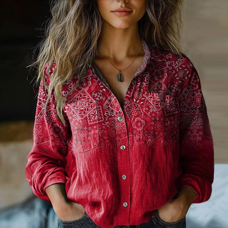 Linen Button-Down Blouse with Print for Women