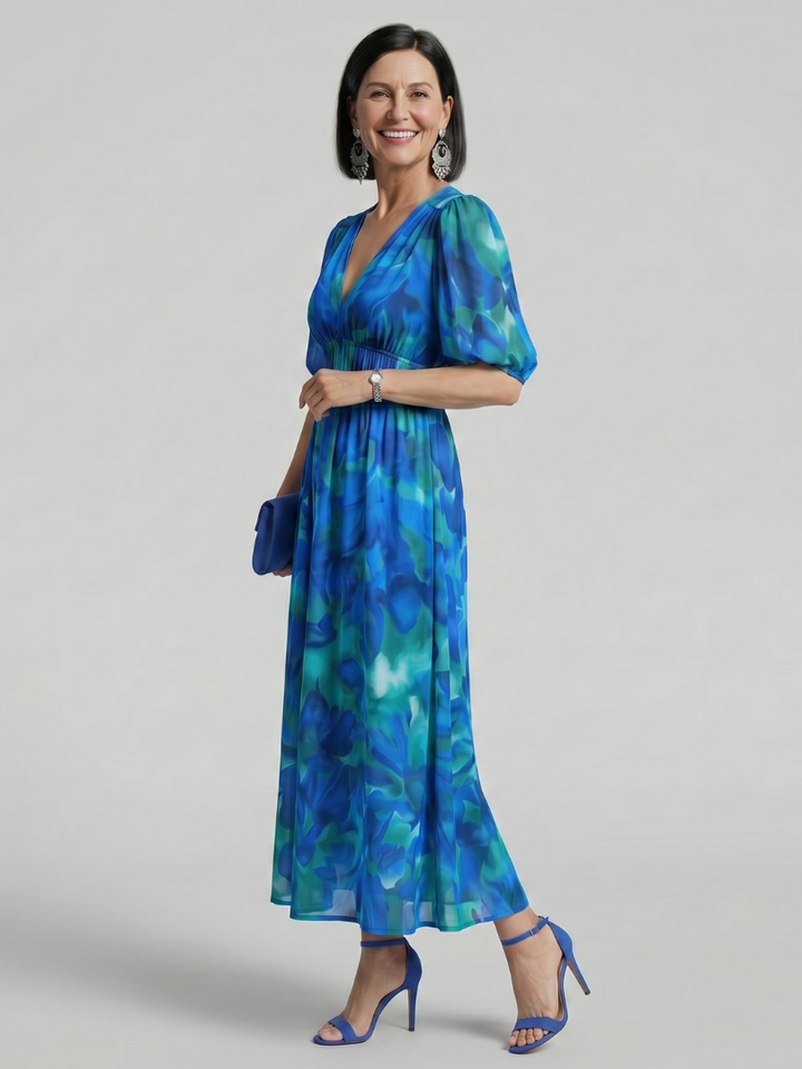 Candlia Puff Sleeve V Neck Abstract Print Midi Dress - Elena Harper