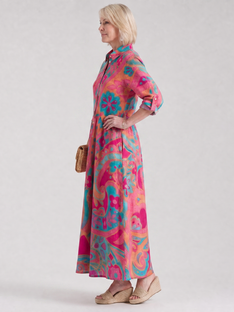 Women's Printed Midi Dress with Buttoned Shirt Collar - Elegant and Easy to Wear