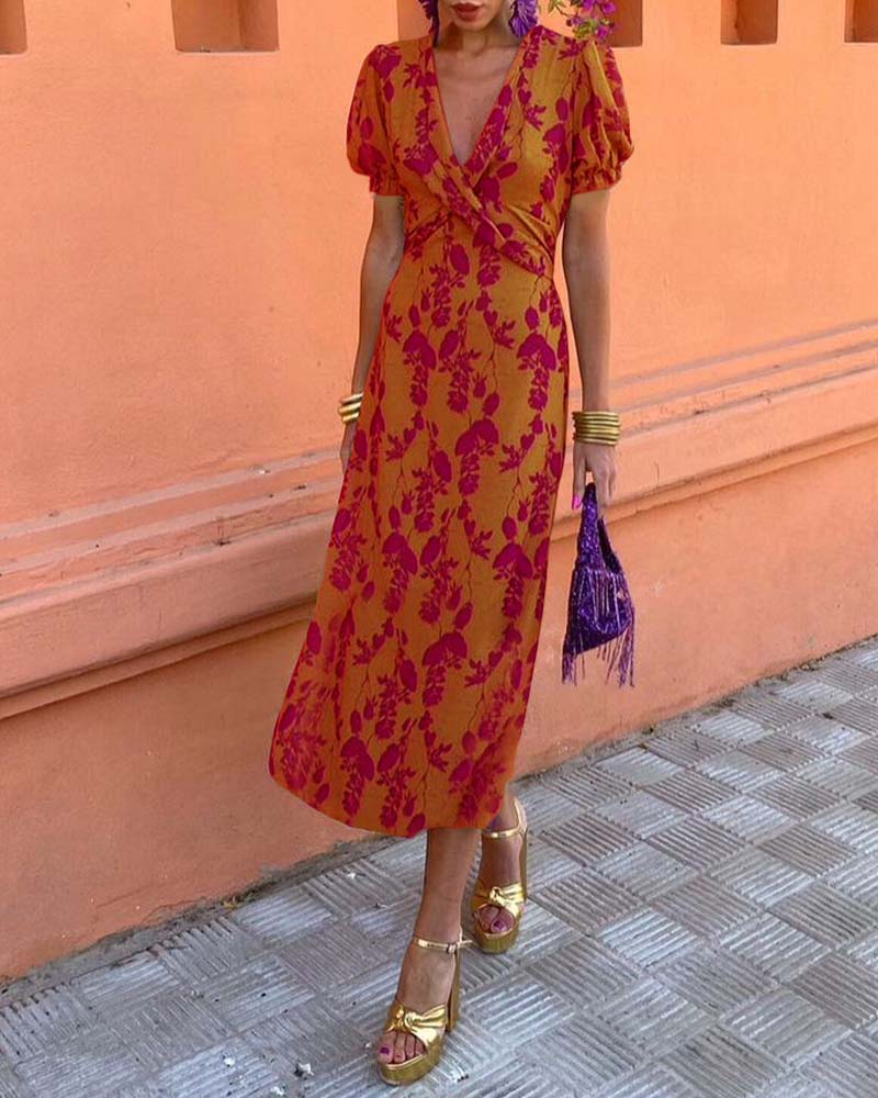 Aria Elegant Deep V-neck Dress With Leaf Pattern - Elena Harper