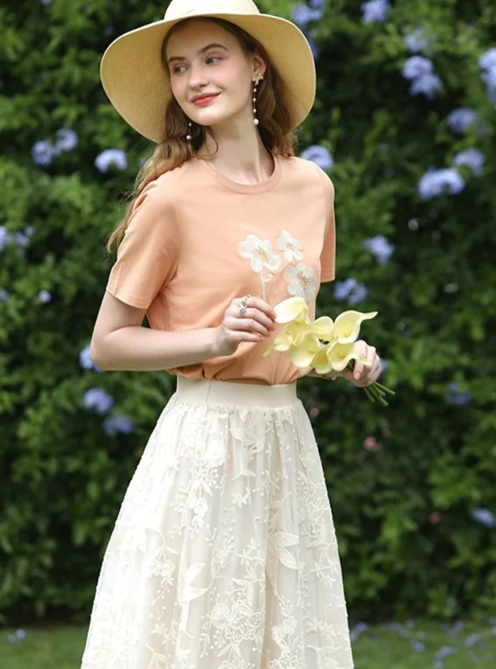 Embroidered Lace Midi Skirt