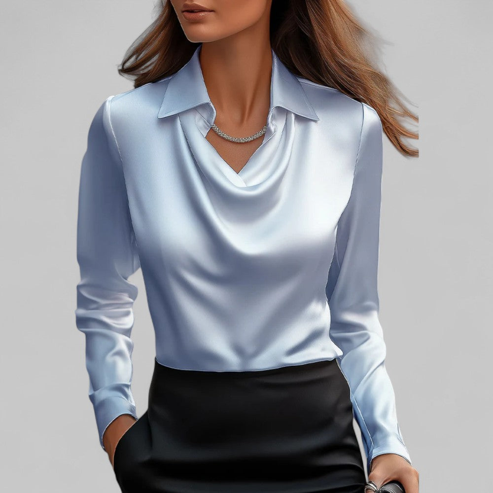 Rose Women’s Draped Neck Long Sleeve Satin Blouses - Elena Harper