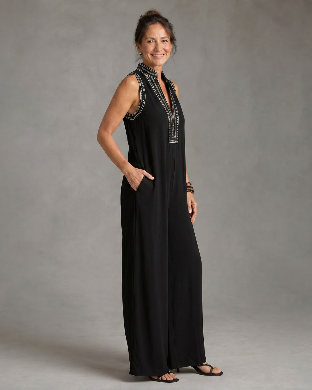 Velmira Embroidered V Neck Sleeveless Wide Leg Jumpsuit - Elena Harper