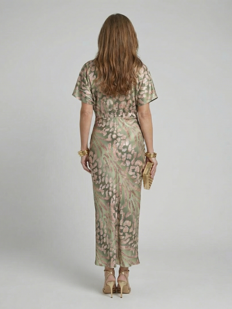 Abstract Print Midi Dress with V-Neck and Twisted Waist - Elena Harper