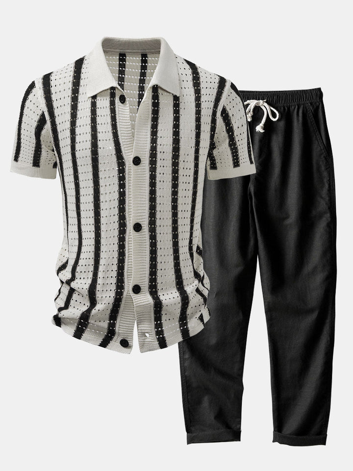 STRIPED SHIRT WITH KNITTED EYELETS & STRAIGHT LEG LINEN PANTS