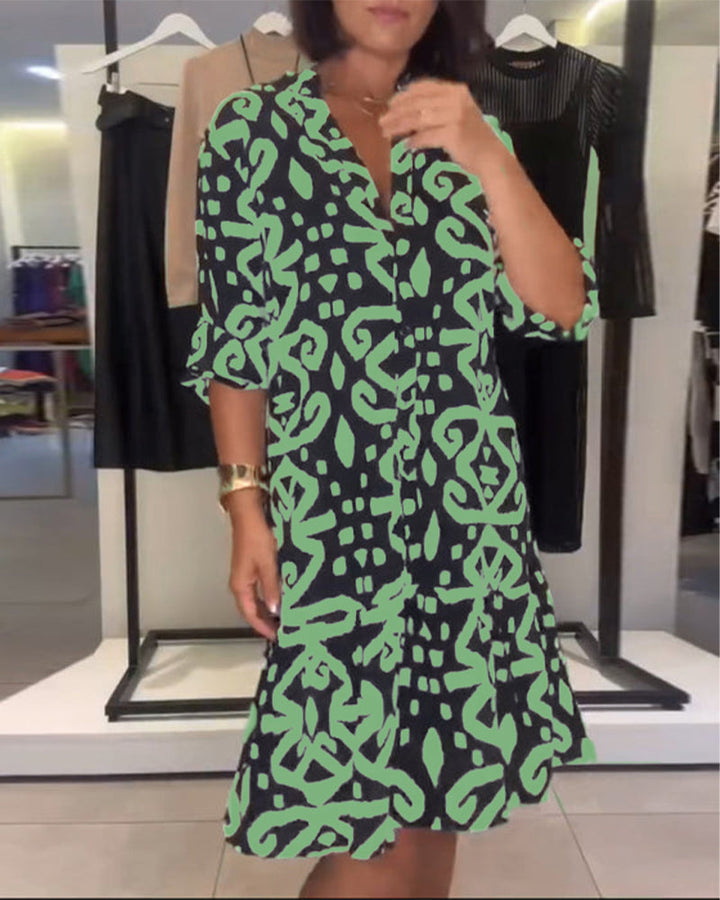 Elegant V-neck Printed Dress - Elena Harper