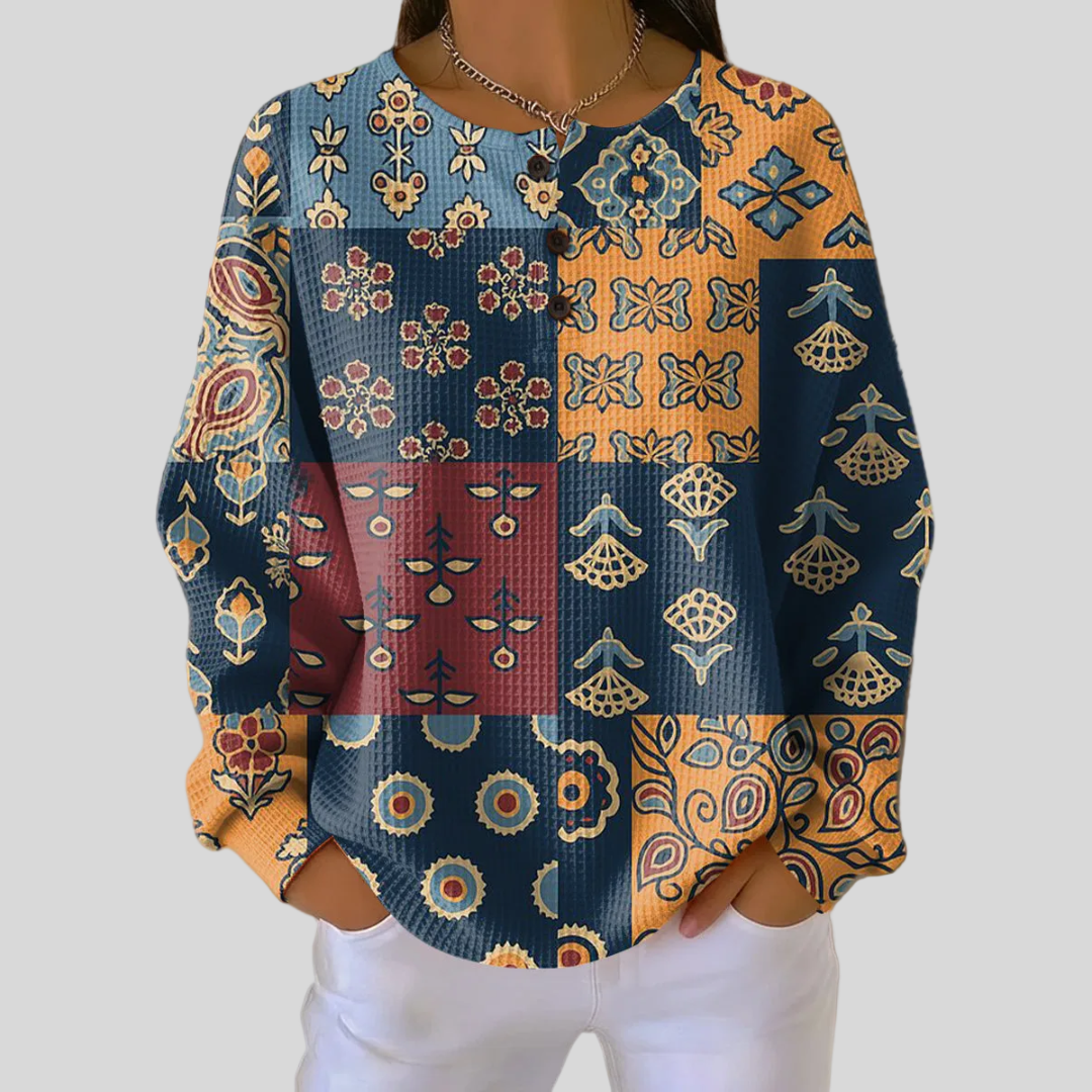 Anika Sweater with Ethnic Check Floral Print - Elena Harper