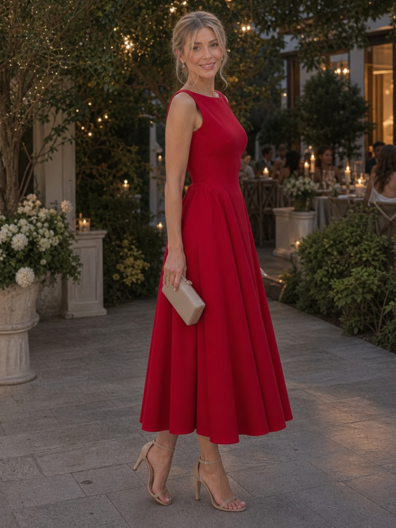 Corane Sleeveless Crew Neck Fitted Bodice Midi Dress - Elena Harper