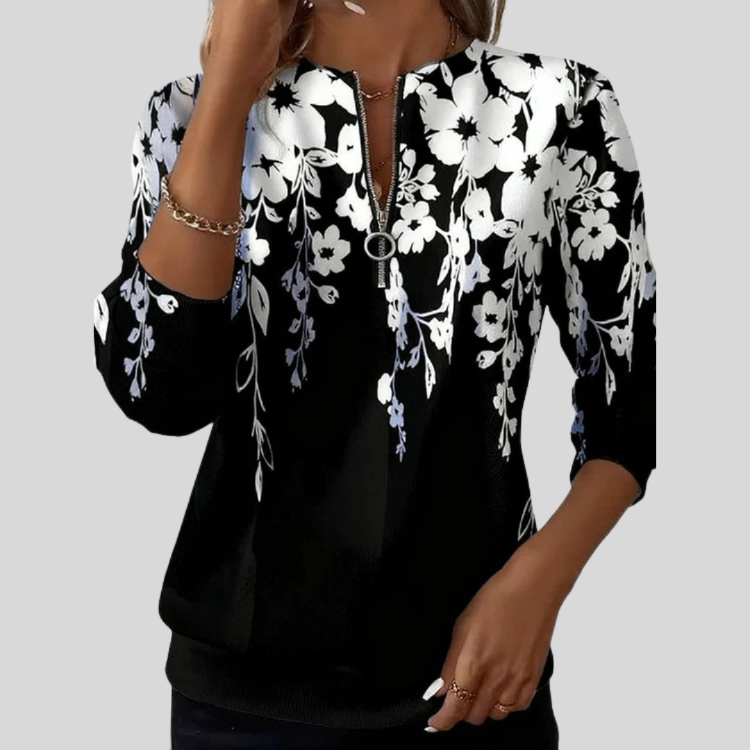 Crimson Floral Print Zip Sweatshirt - Elena Harper