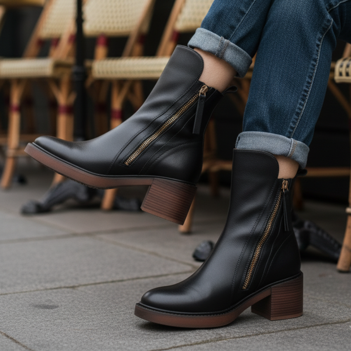 Marcel Black Leather Ankle Boots with Comfortable Heel - Elena Harper