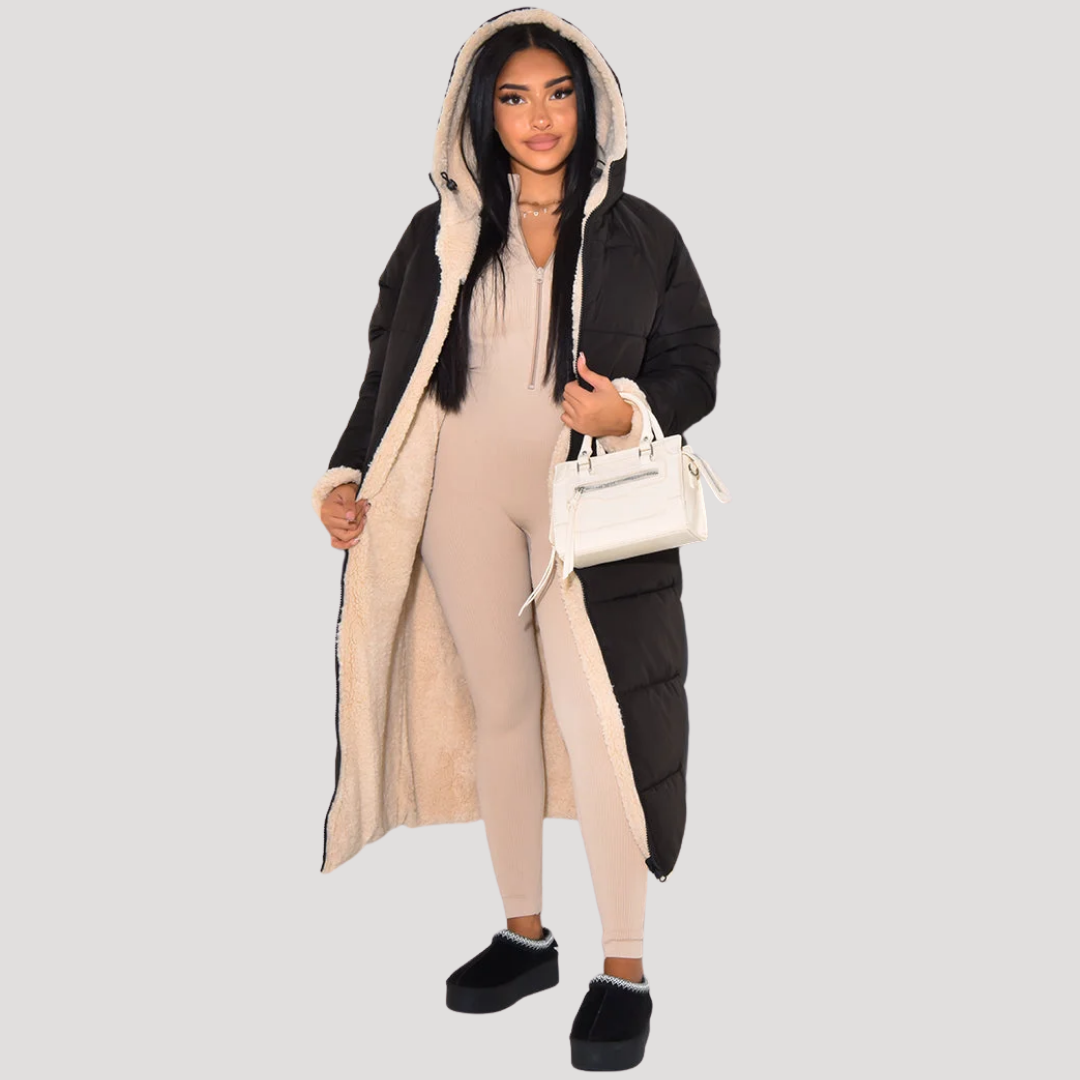 Reversible Long Women's Down Jacket with Borg Lining