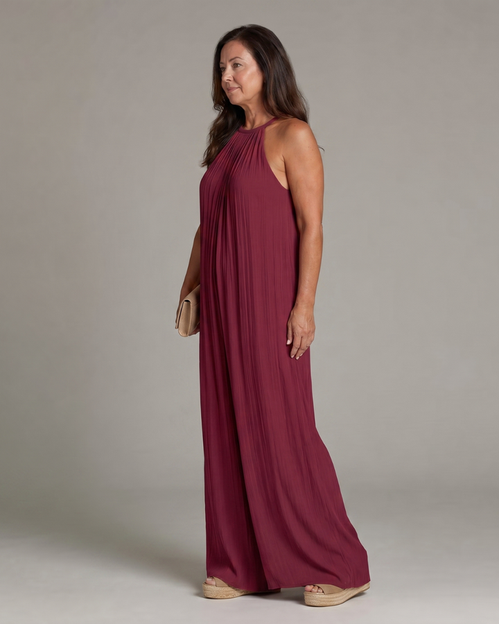 Sylvara Pleated Halter Neck Wide Leg Relaxed Jumpsuit - Elena Harper