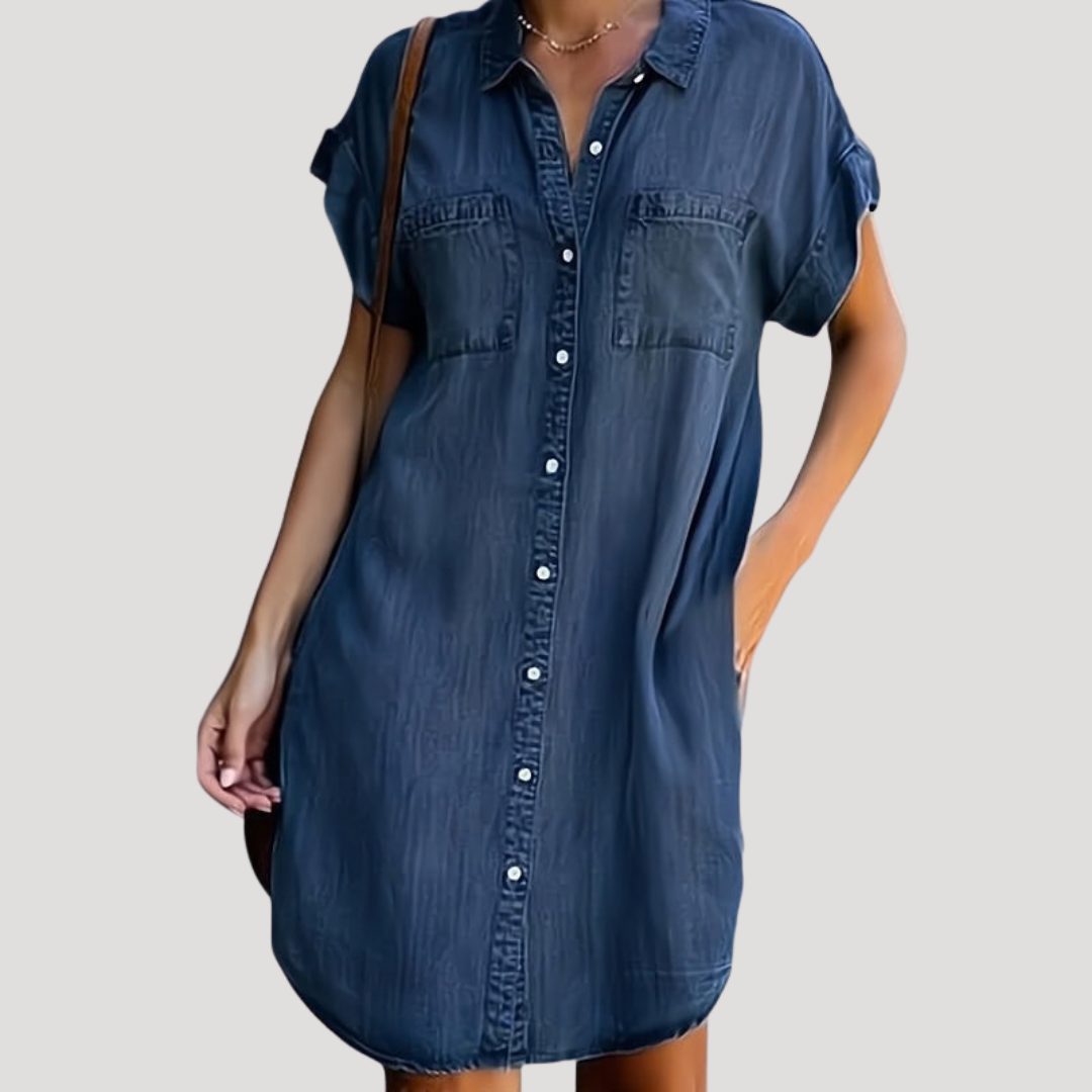 Elegant Button-Up Short Denim Shirt Dress