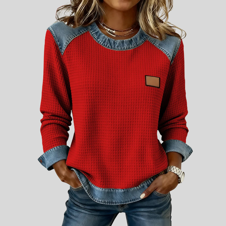 Delancine Patchwork Design Waffle Sweatshirt - Elena Harper
