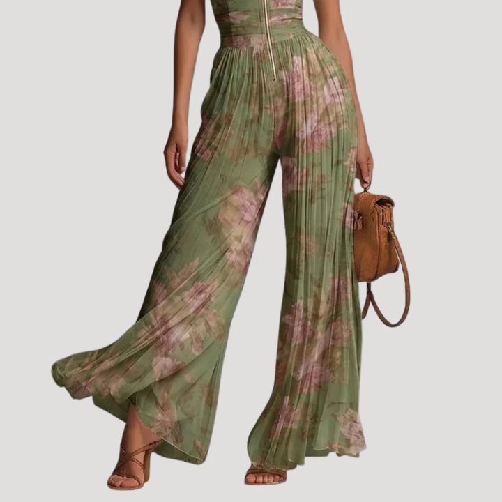 Women’s Pleated Jumpsuit with Open Back and Floral Print, view 4 - Elena Harper