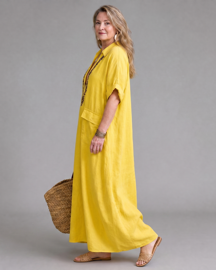 Elakeja Embroidered V Neck Pocket Detail Relaxed Midi Dress - Elena Harper