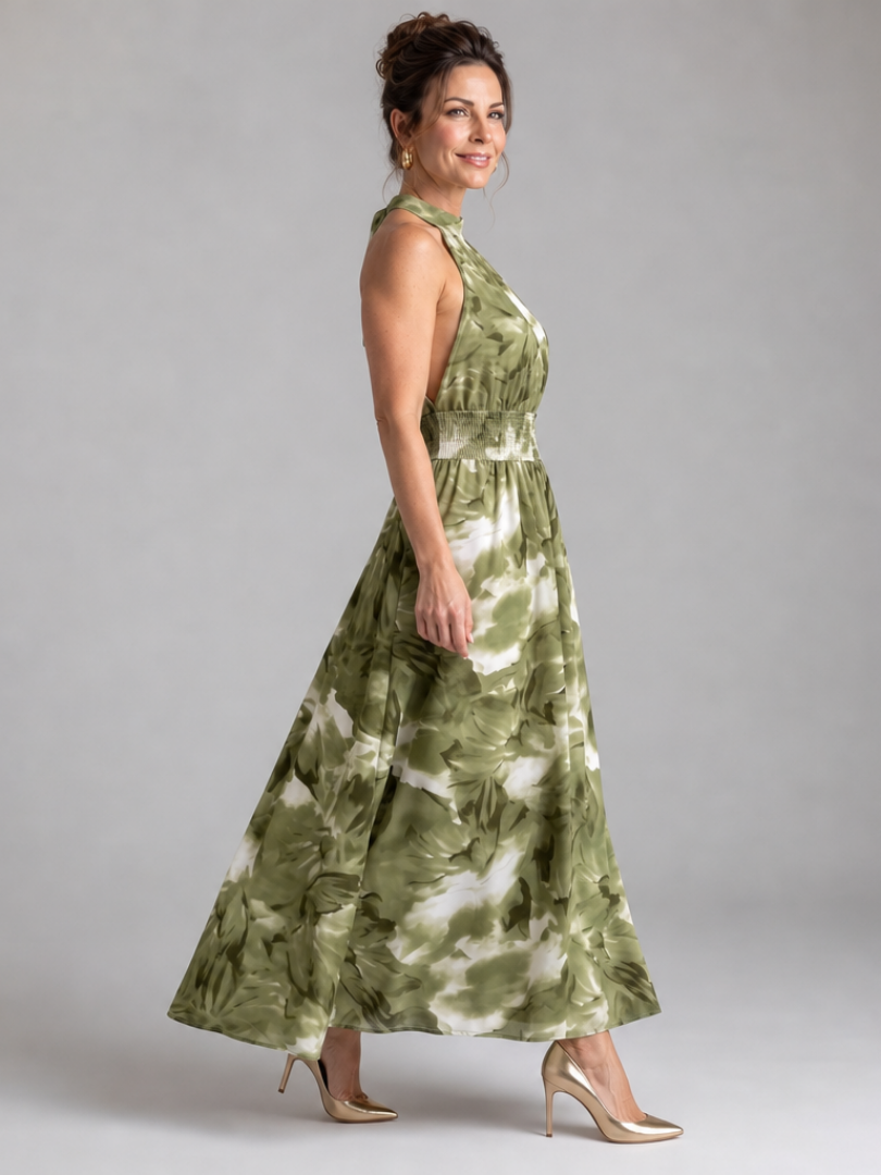 Women's Midi Dress with Abstract Print and Gathered Waist Flowing and Elegant, view 2 - Elena Harper